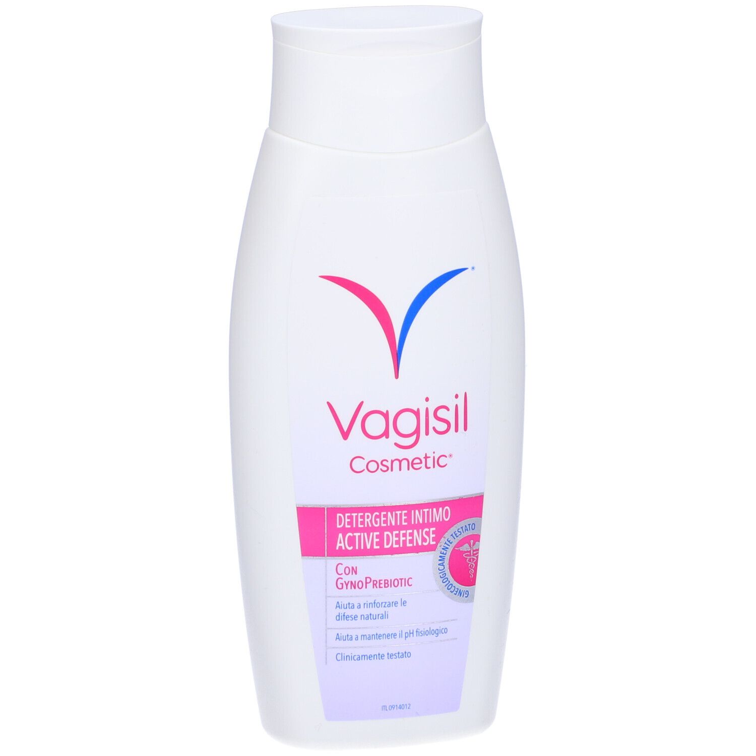 Flacone bianco di Vagisil Cosmetic, detergente intimo. Nome del prodotto e informazioni sull'etichetta.