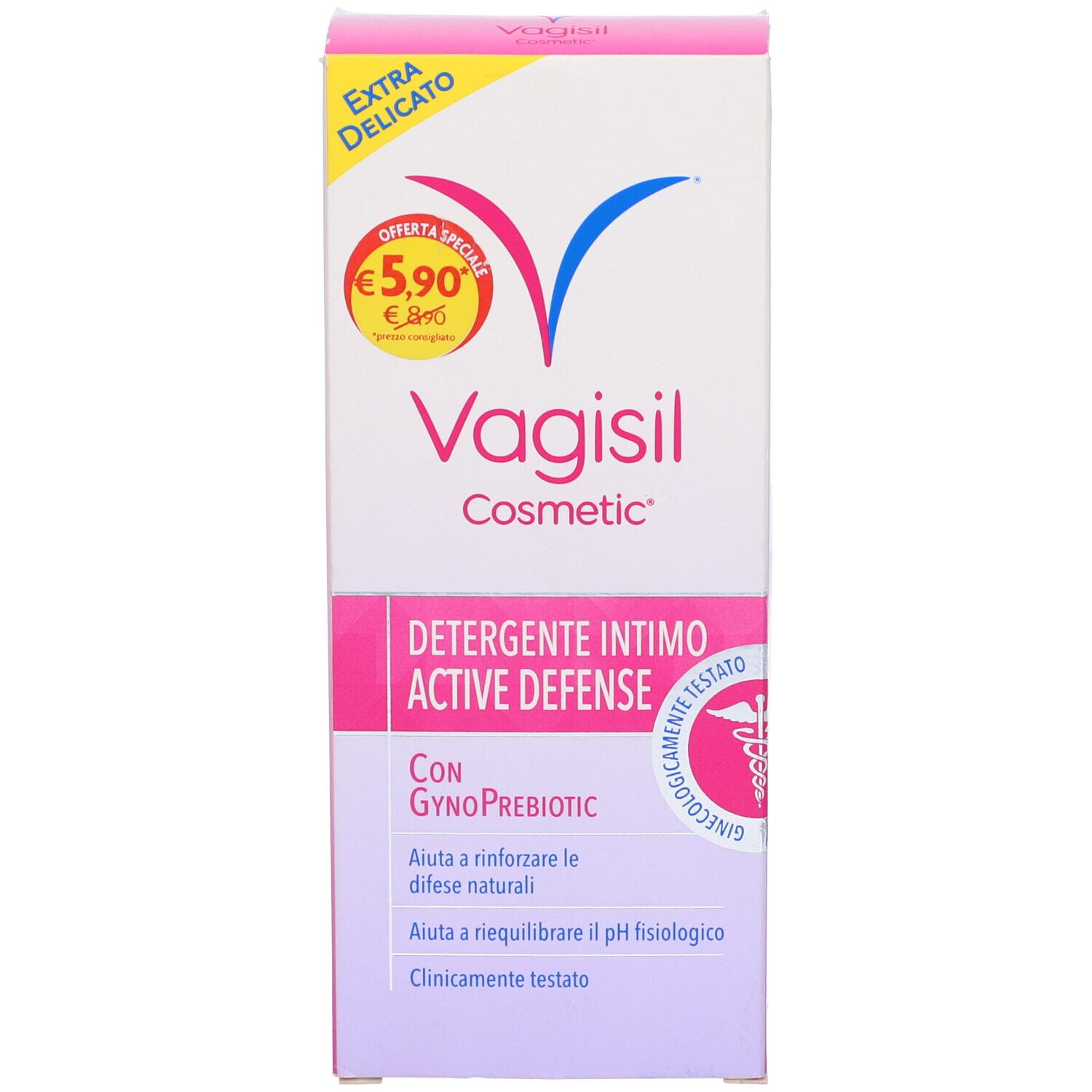 Confezione di Vagisil Cosmetic, detergente intimo. Scatola rosa e bianca con informazioni sul prodotto e logo.
