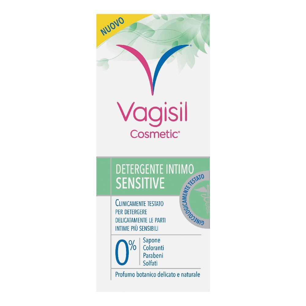Confezione di Vagisil Cosmetic, detergente intimo Sensitive. Scritta '0%'. Clinicamente testato.