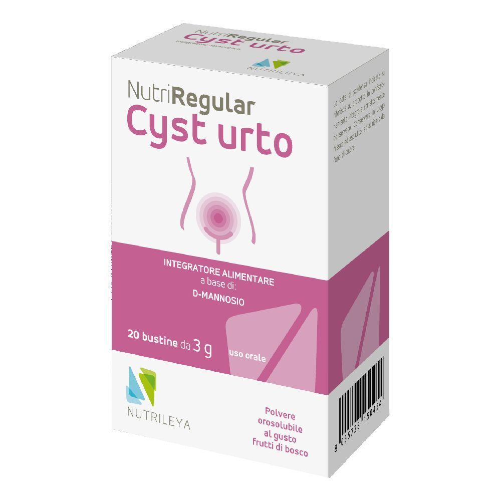 Confezione di NutriRegular Cyst urto. 20 bustine da 3g. Design rosa e bianco con nome del prodotto.