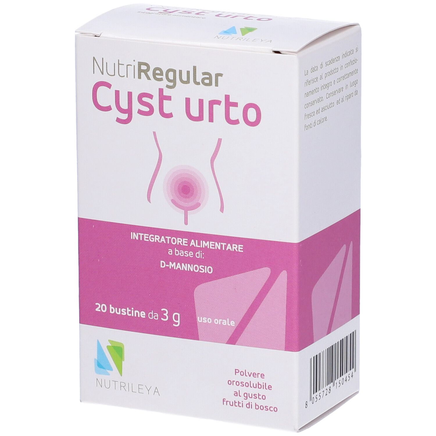 Confezione di NutriRegular Cyst urto. 20 bustine da 3g. Design rosa e bianco con nome del prodotto.