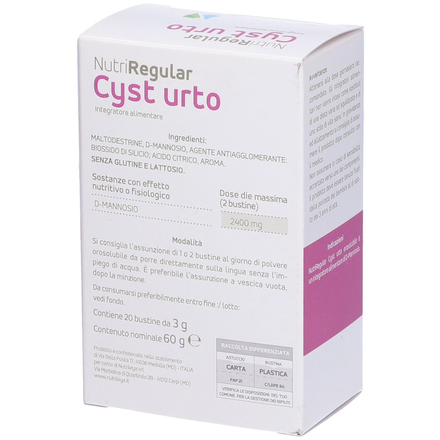 Confezione di NutriRegular Cyst urto. Elenco ingredienti e informazioni sul dosaggio sulla confezione.