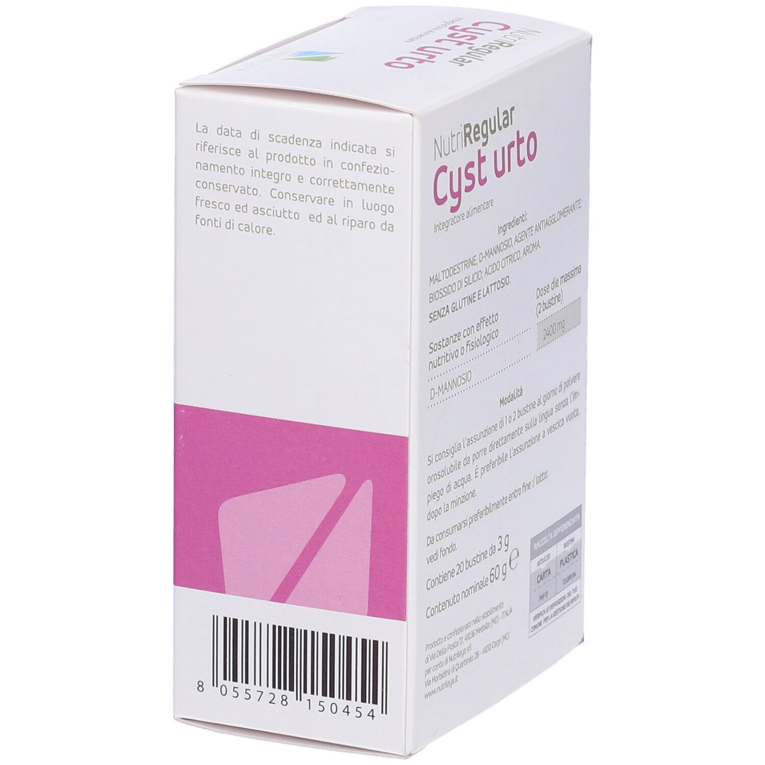 Confezione di NutriRegular Cyst urto. Retro della confezione con codice a barre e data di scadenza.