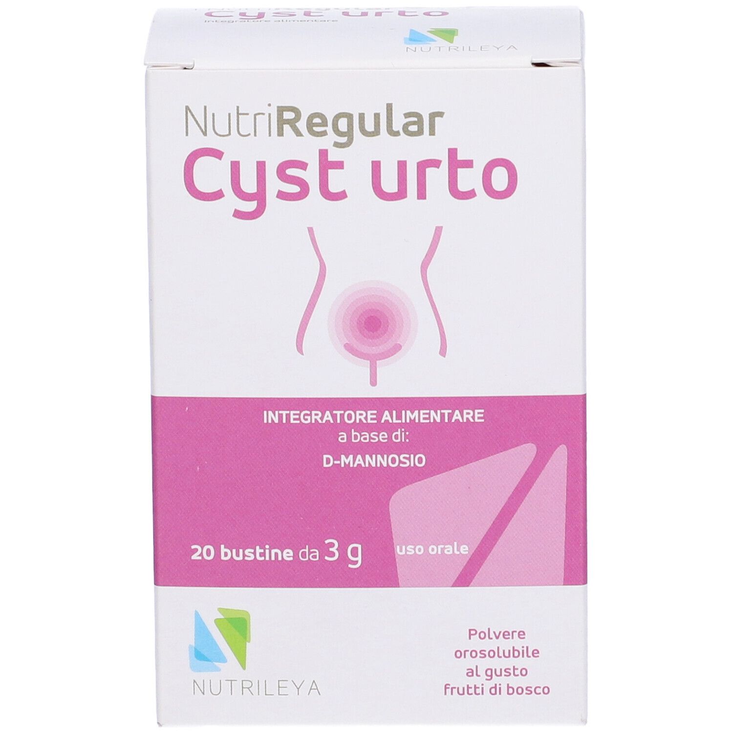 Confezione di NutriRegular Cyst urto. 20 bustine da 3g. Design rosa e bianco con nome del prodotto.