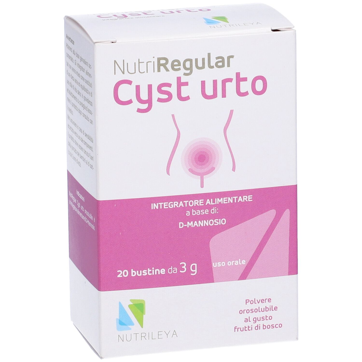 Confezione di NutriRegular Cyst urto. 20 bustine da 3g. Design rosa e bianco con nome del prodotto.