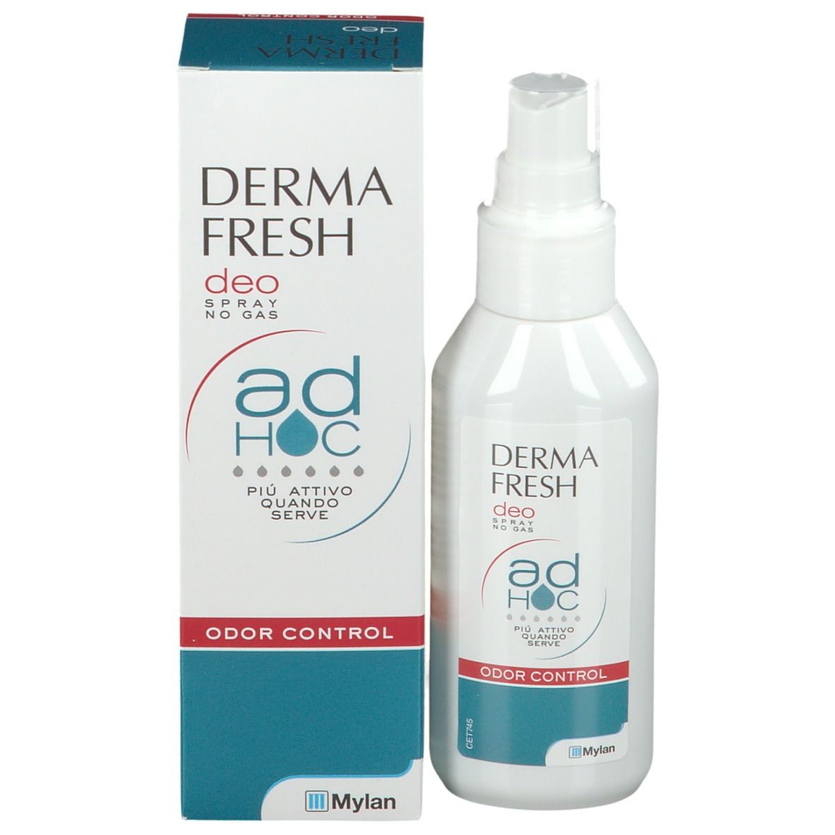 Spray deodorante e confezione. Flacone e scatola bianchi con nome e logo del prodotto. Controllo odori.