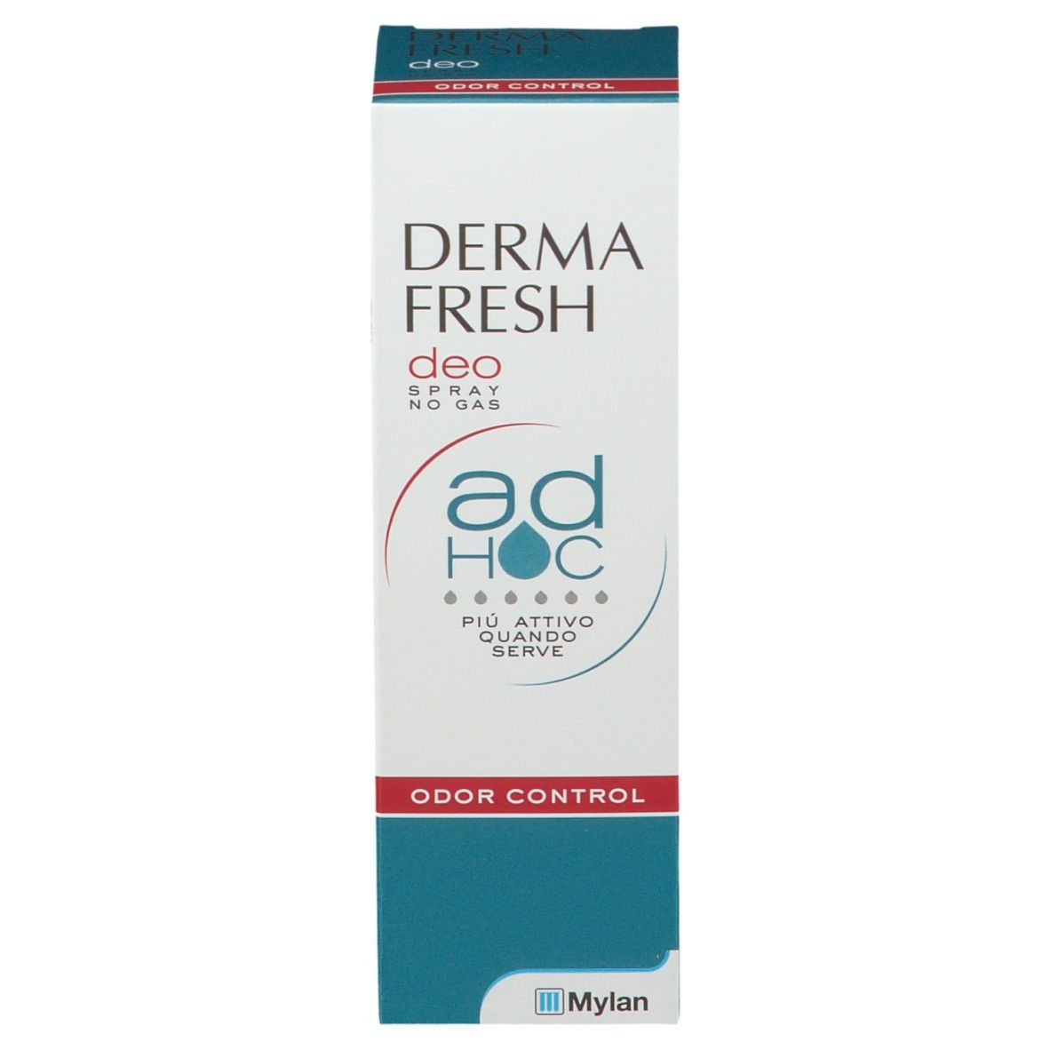 Confezione del prodotto. Scatola bianca con informazioni. Area turchese. Controllo odori. 100 ml.