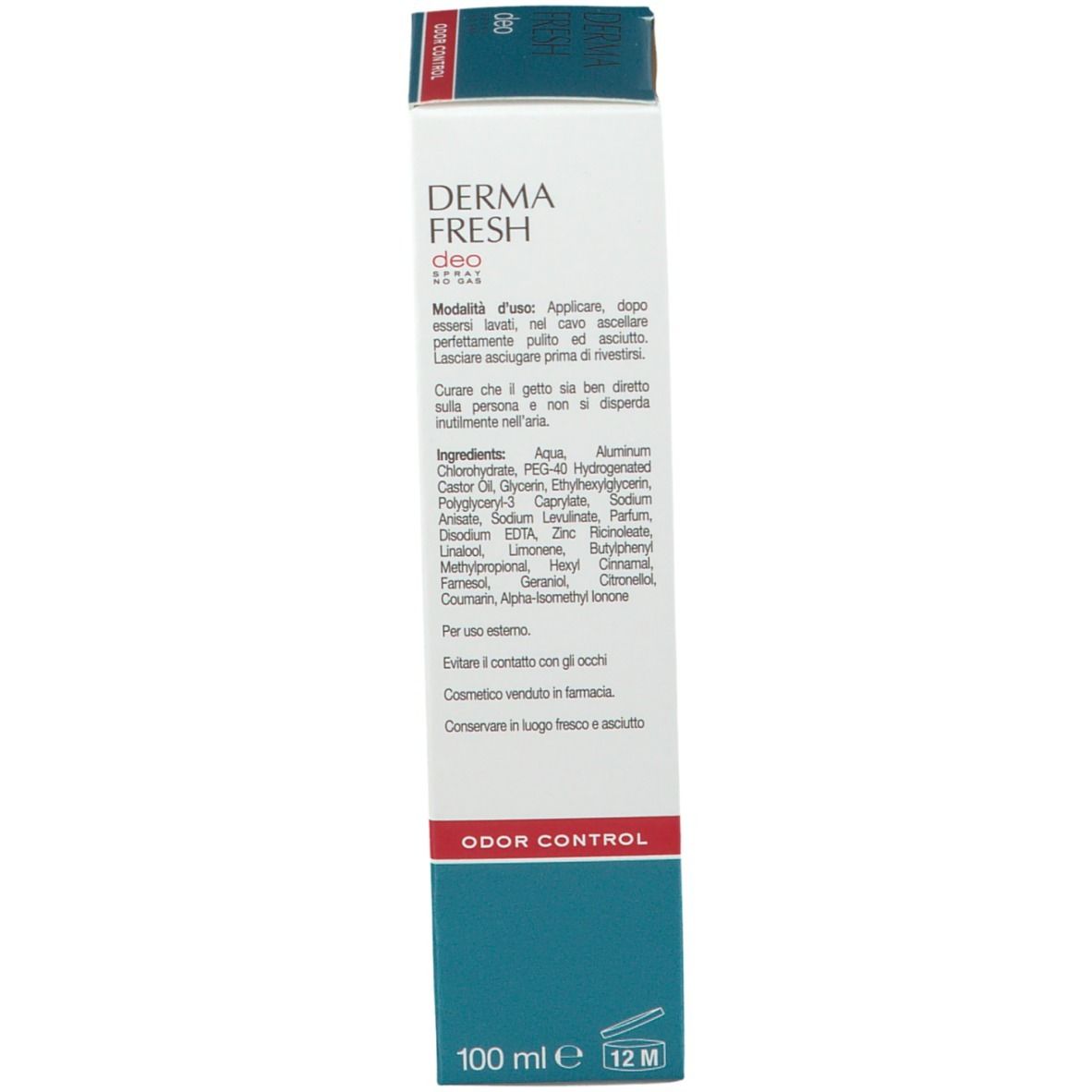 Confezione del prodotto. Scatola bianca con ingredienti e informazioni. Area turchese. Controllo odori. 100 ml.