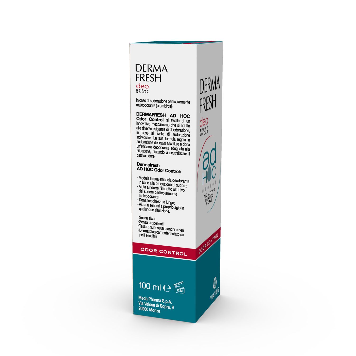 Confezione del prodotto. Scatola bianca con informazioni. Area turchese. Controllo odori. 100 ml.