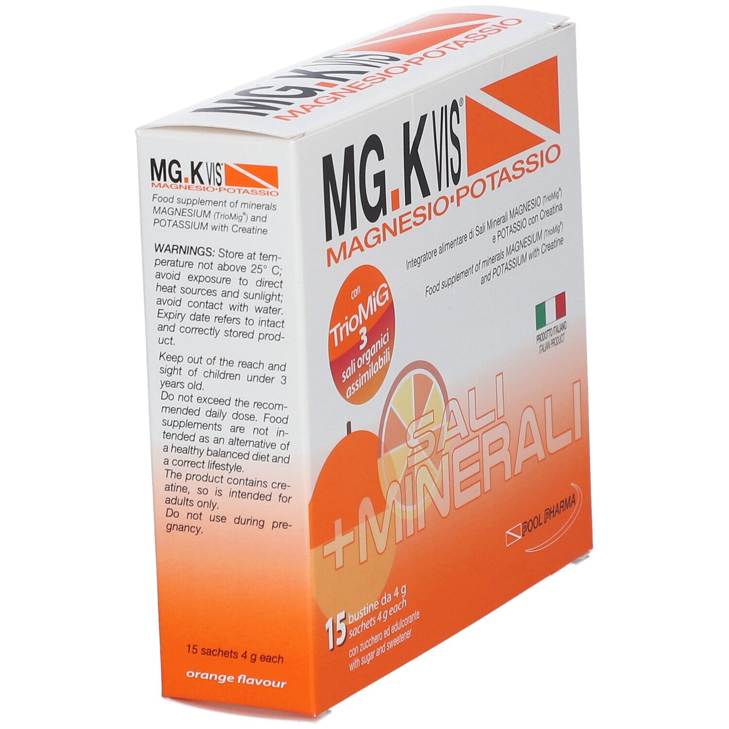 Rückseite der MG.K VIS Magnesium und Kalium Verpackung mit Warnhinweisen und Lagerungsinformationen.
