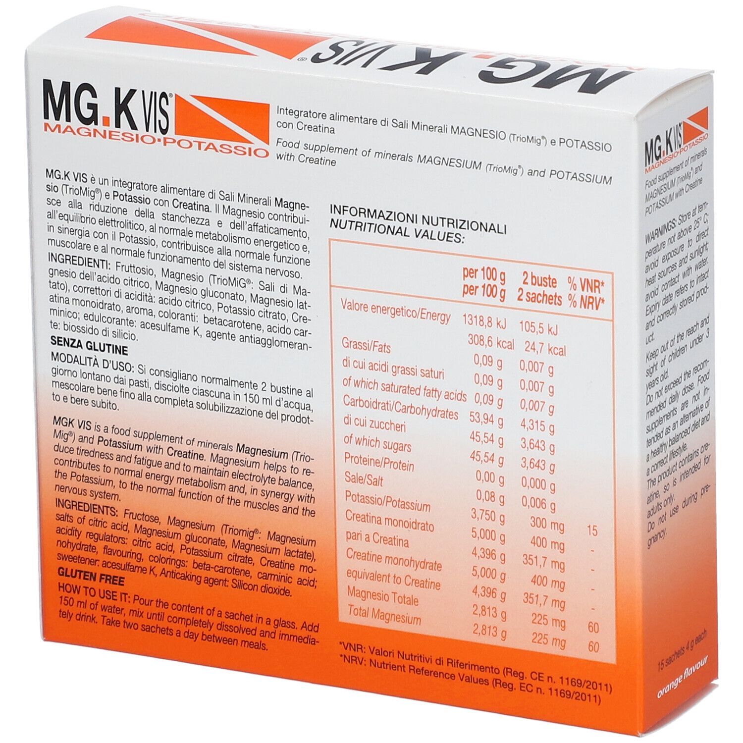 Seitenansicht der MG.K VIS Magnesium und Kalium Verpackung mit Nährwertangaben.