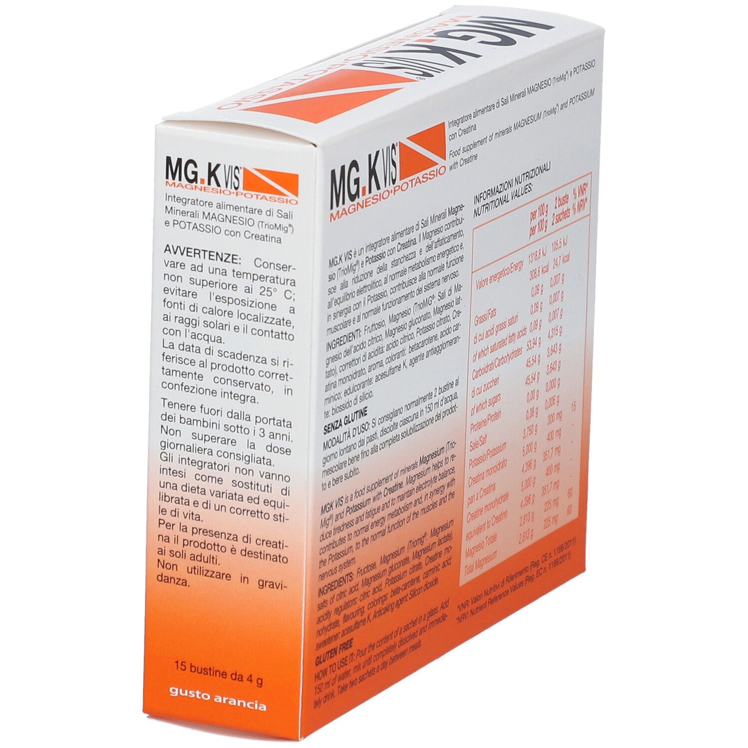 Seitenansicht der MG.K VIS Magnesium und Kalium Verpackung mit Warnhinweisen und Anwendungshinweisen.