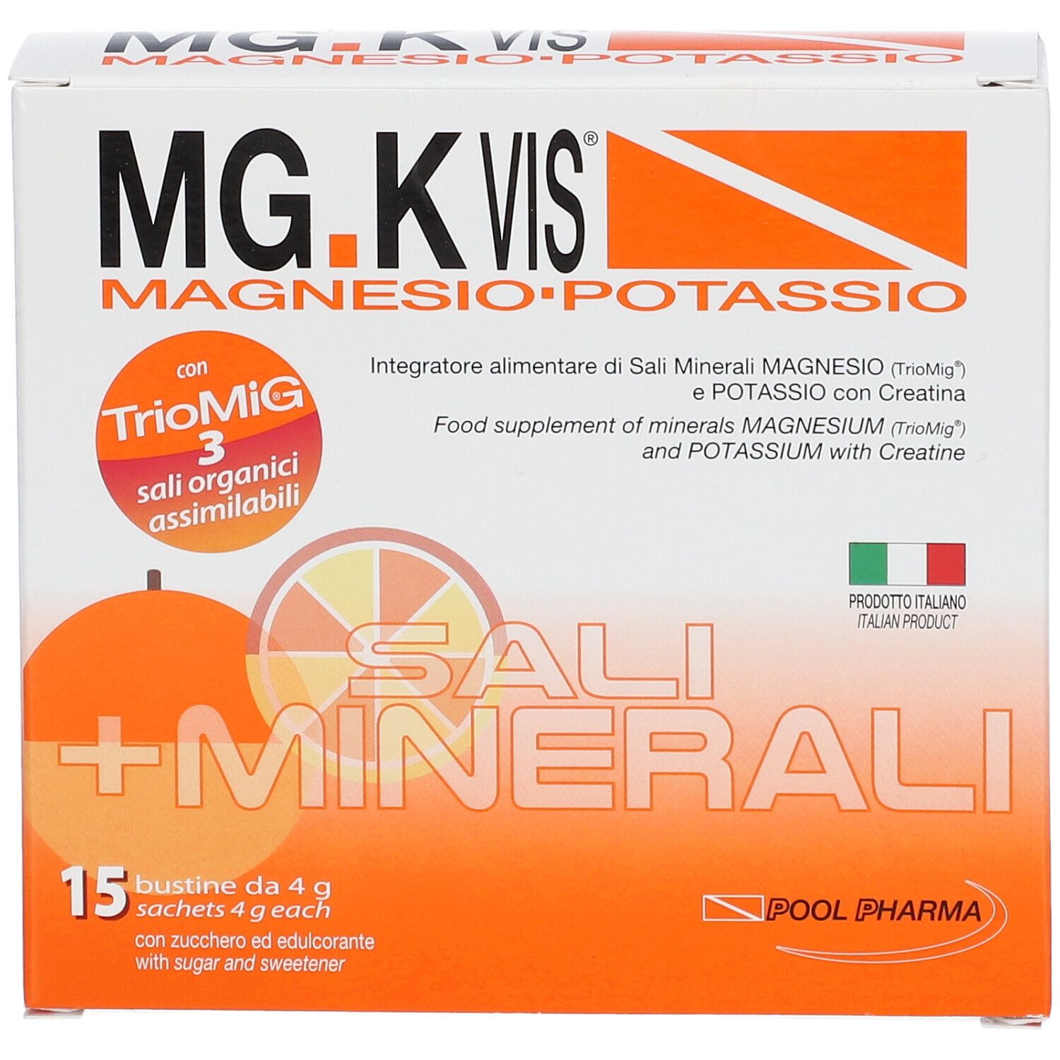 Vorderseite der MG.K VIS Magnesium und Kalium Verpackung mit Orangen- und Zitronenscheiben.