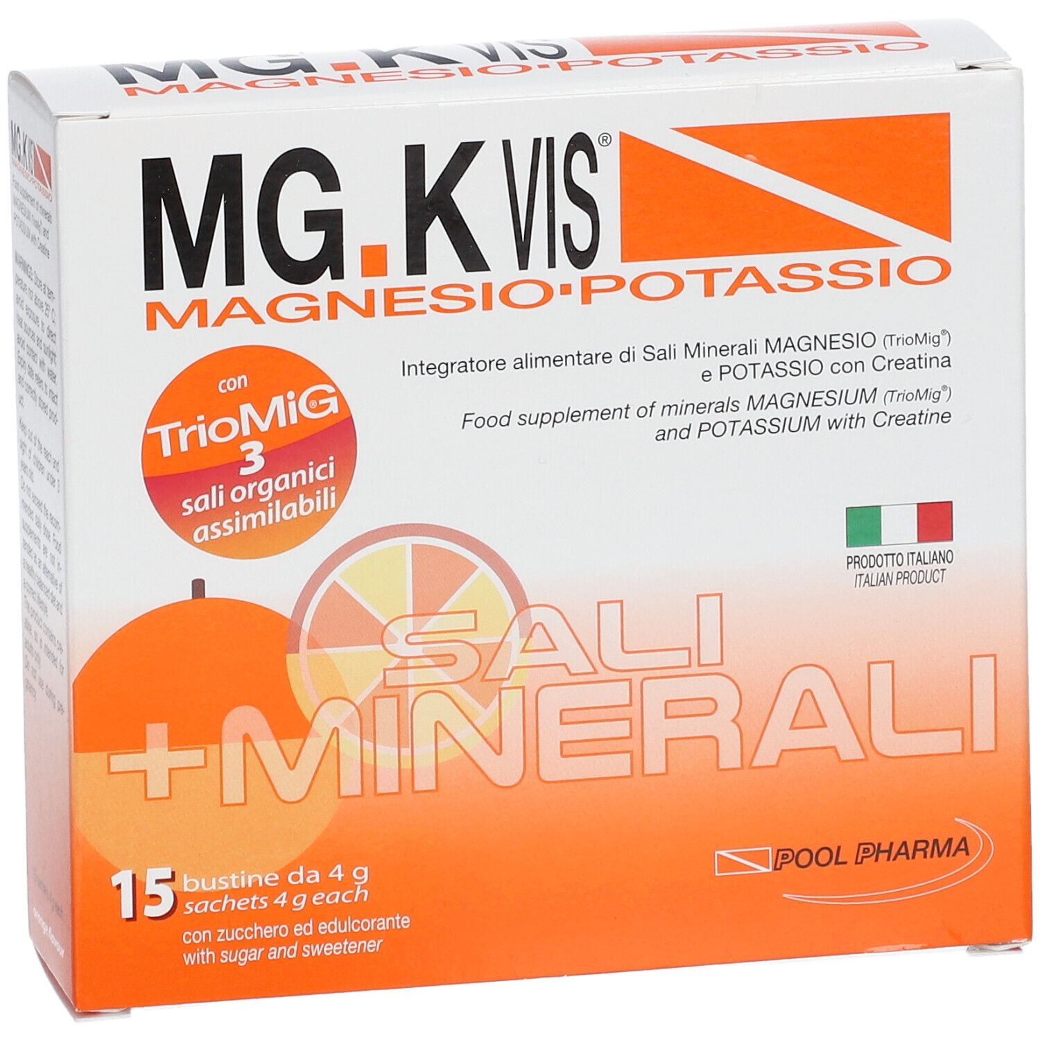 Vorderseite der MG.K VIS Magnesium und Kalium Verpackung, 15 Beutel à 4 g, Orangengeschmack.