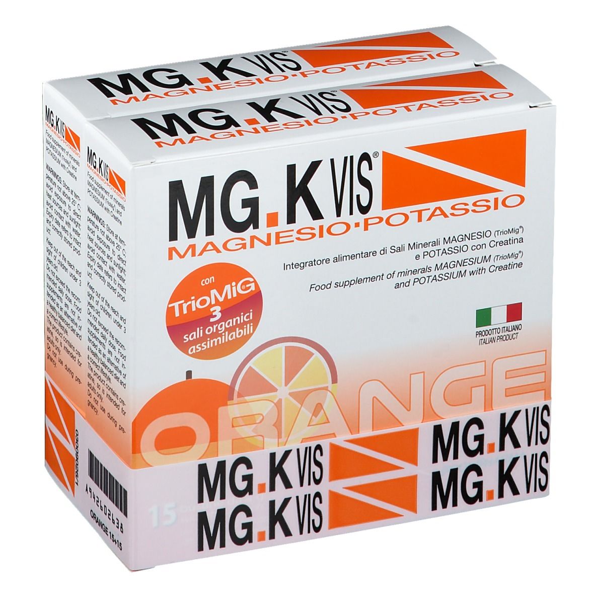 Due confezioni di MG.K VIS Magnesio e Potassio Orange. Scritte: TrioMiG, Orange, 15 bustine.
