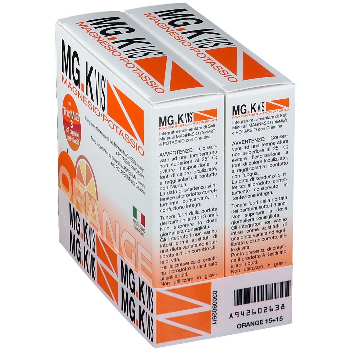 Due confezioni di MG.K VIS Magnesio e Potassio Orange. Scritte: Avvertenze, Orange, 15+15.