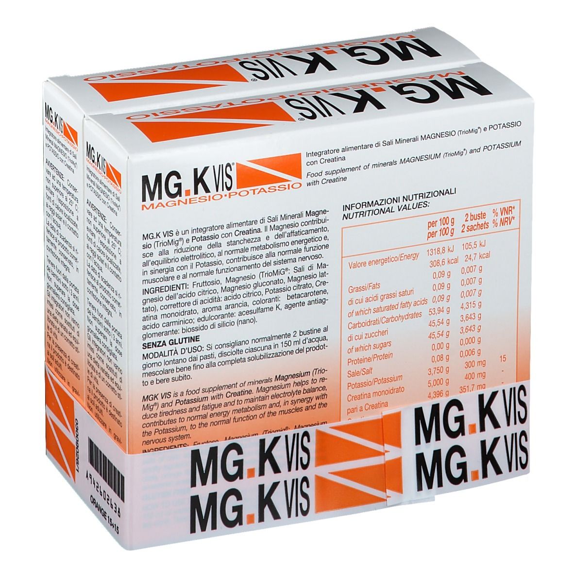 Due confezioni di MG.K VIS Magnesio e Potassio. Scritte: Valori nutrizionali, ingredienti, senza glutine.