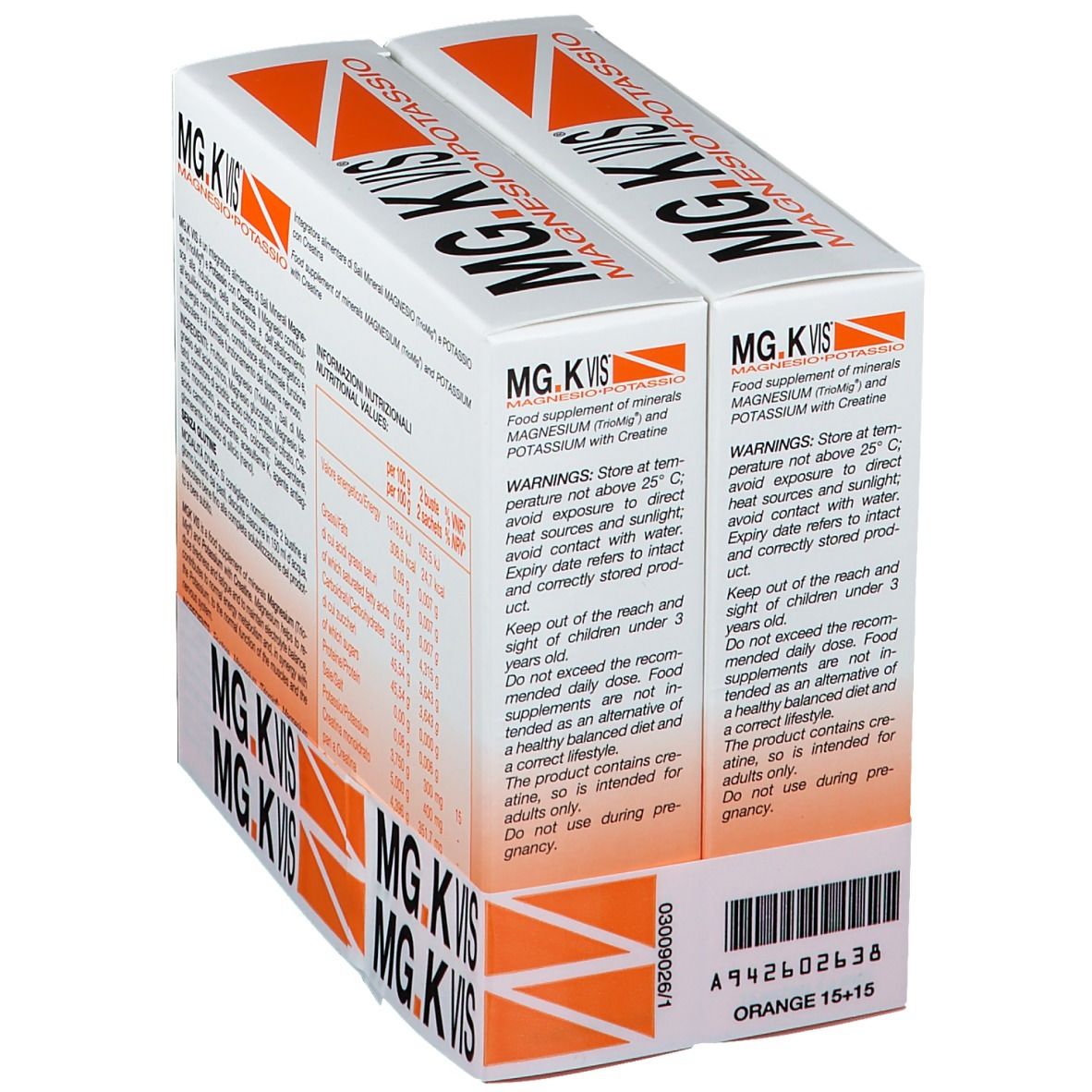 Due confezioni di MG.K VIS Magnesio e Potassio. Scritte: Avvertenze, valori nutrizionali, Orange, 15+15.