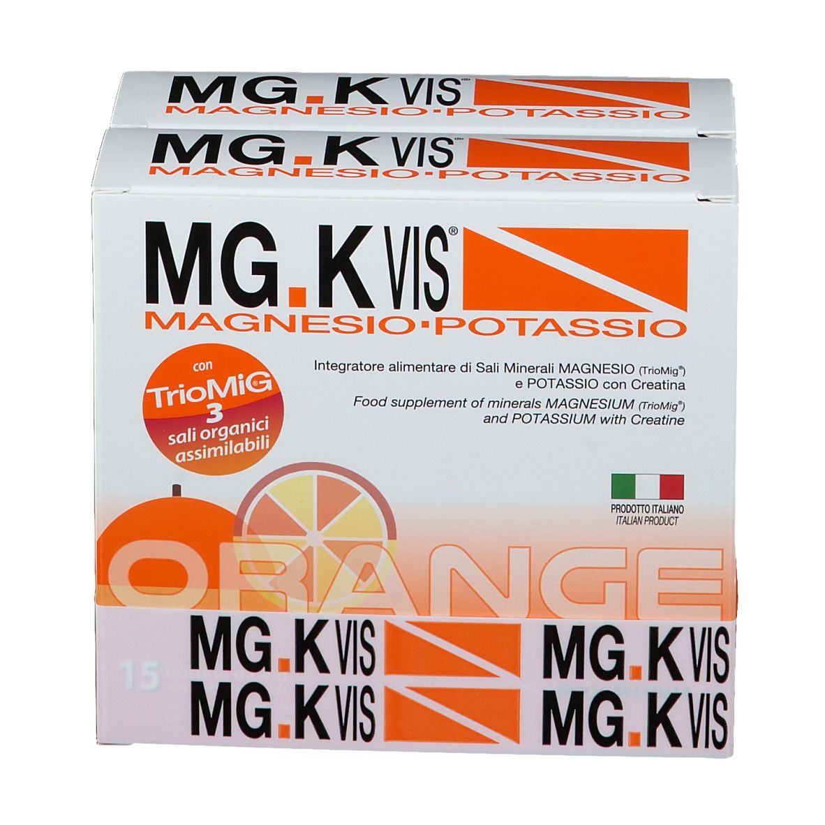 Due confezioni di MG.K VIS Magnesio e Potassio Orange. Scritte: TrioMiG, 15 bustine, prodotto italiano.
