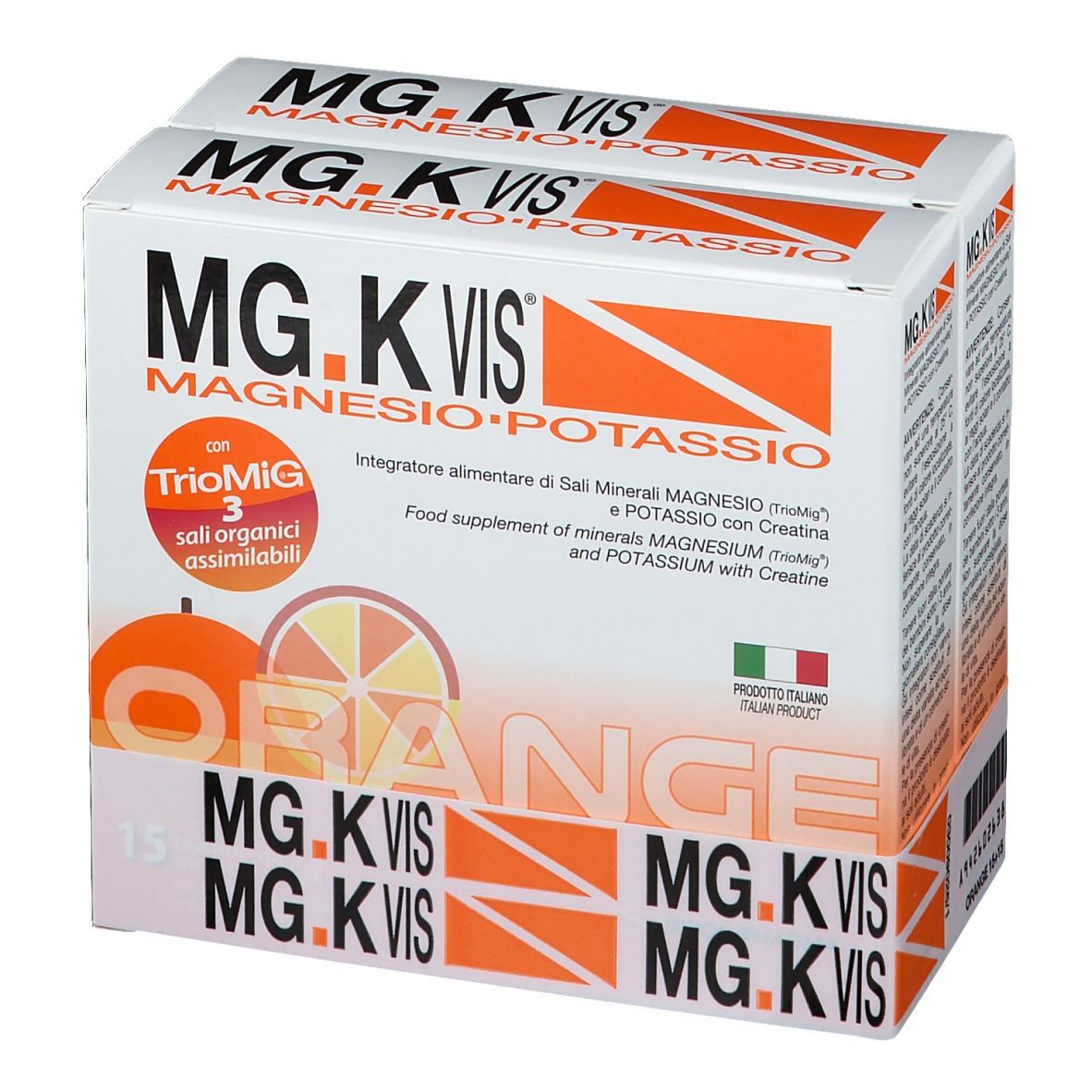 Due confezioni di MG.K VIS Magnesio e Potassio Orange. Scritte: TrioMiG, 15 bustine, prodotto italiano.