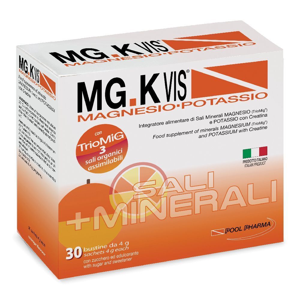 Boîte blanche et orange avec MG.K VIS, magnésium et potassium. 30 sachets de 4g chacun.