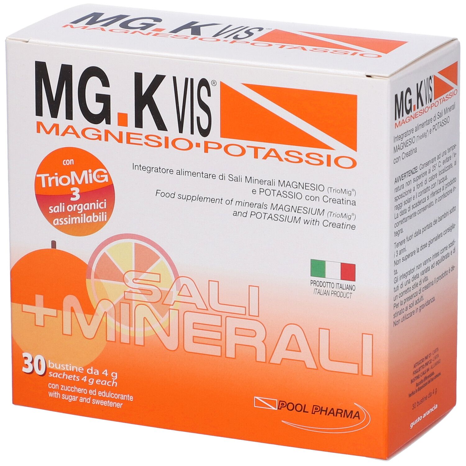 Boîte blanche et orange avec MG.K VIS, magnésium et potassium. 30 sachets de 4g.