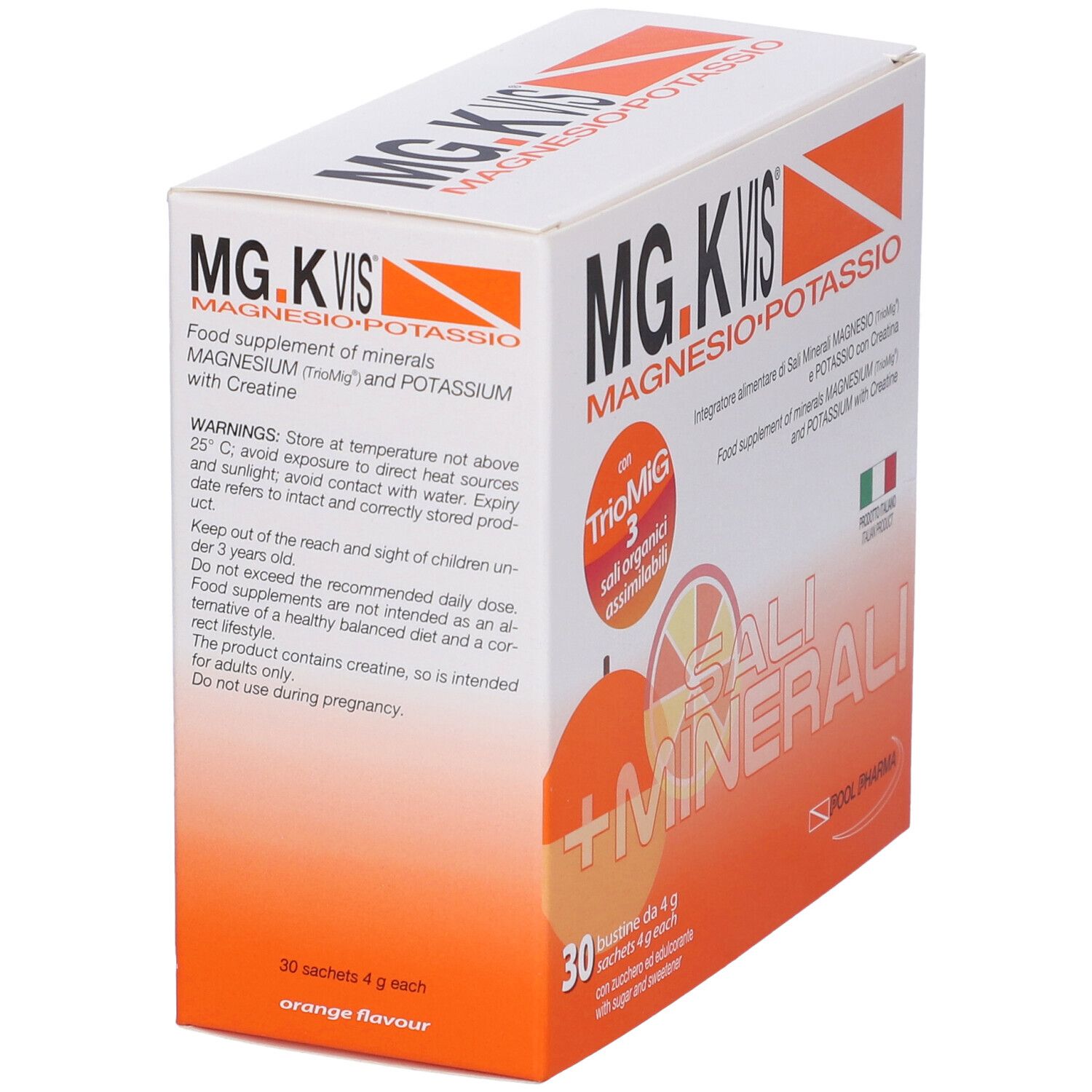 Boîte blanche et orange avec MG.K VIS, magnésium et potassium. 30 sachets de 4g.