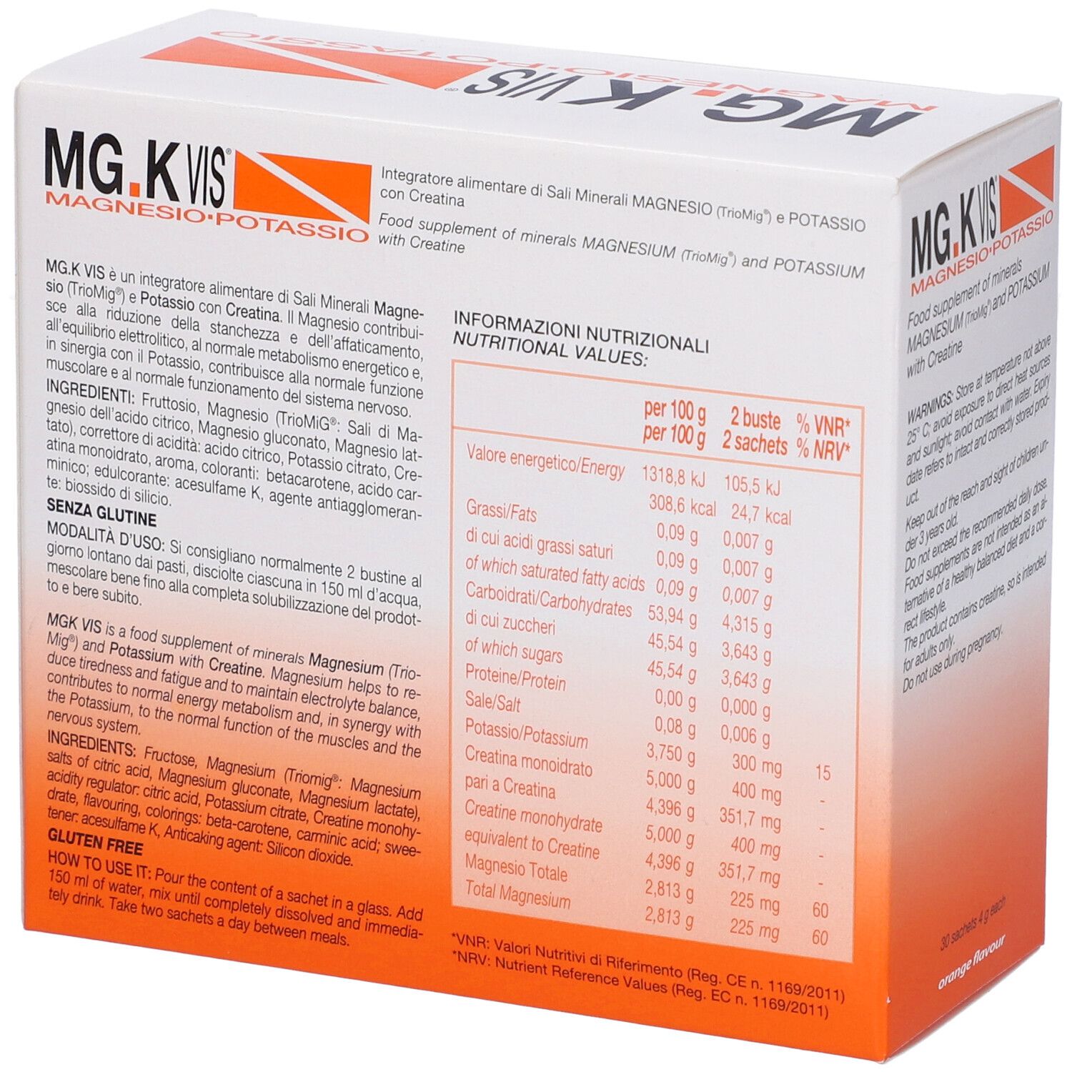 Boîte blanche et orange avec MG.K VIS, magnésium et potassium. 30 sachets de 4g.