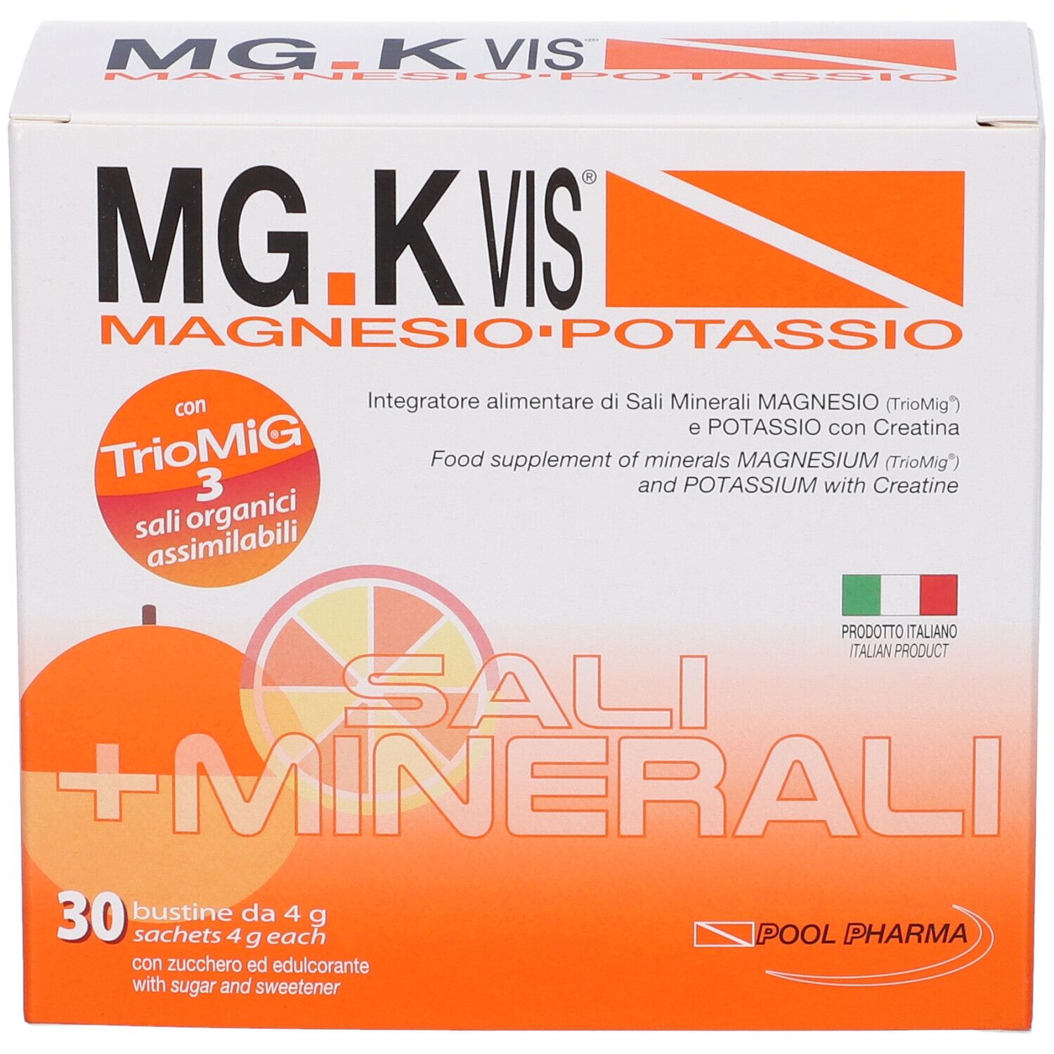 Boîte blanche et orange avec MG.K VIS, magnésium et potassium. 30 sachets de 4g.