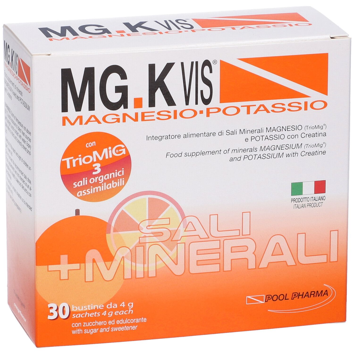 Boîte blanche et orange avec MG.K VIS, magnésium et potassium. 30 sachets de 4g.