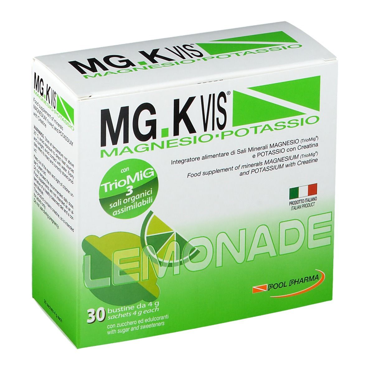 Confezione di MG.K VIS® Limonade. 30 bustine. Design verde e bianco. Illustrazione di limone.