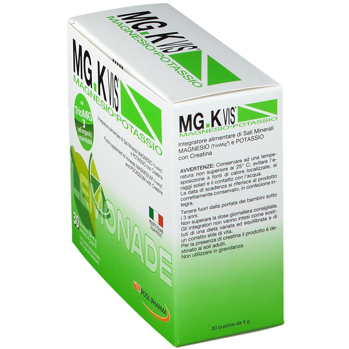 Vista angolata della confezione MG.K VIS® Limonade. 30 bustine. Design verde e bianco. Testo e logo.