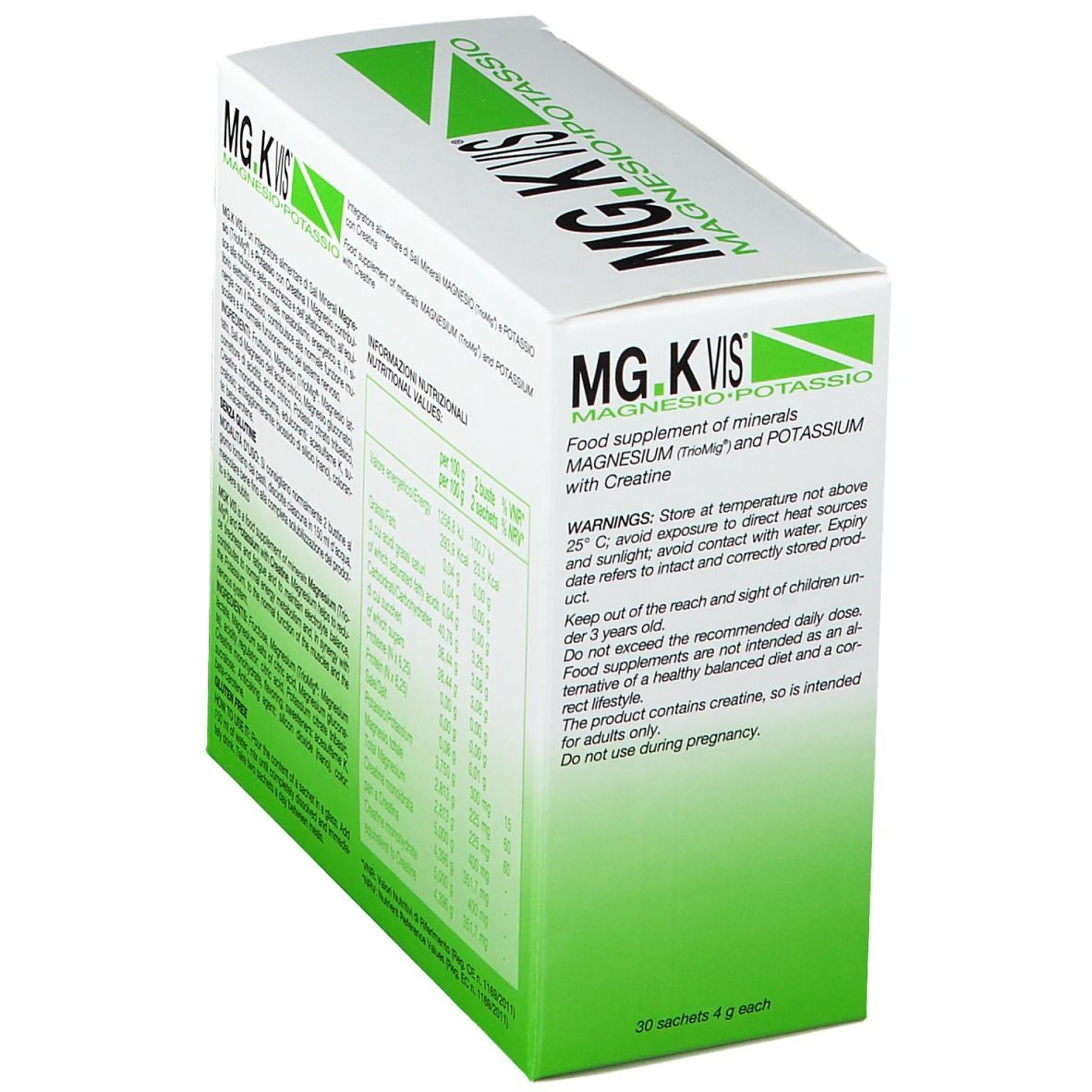Vista angolata della confezione MG.K VIS® Limonade. Testo con avvertenze. Sfondo bianco.
