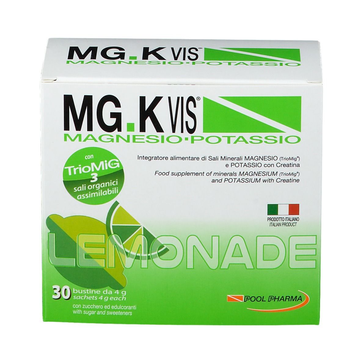 Vista frontale della confezione MG.K VIS® Limonade. 30 bustine. Design verde e bianco. Illustrazione di limone.