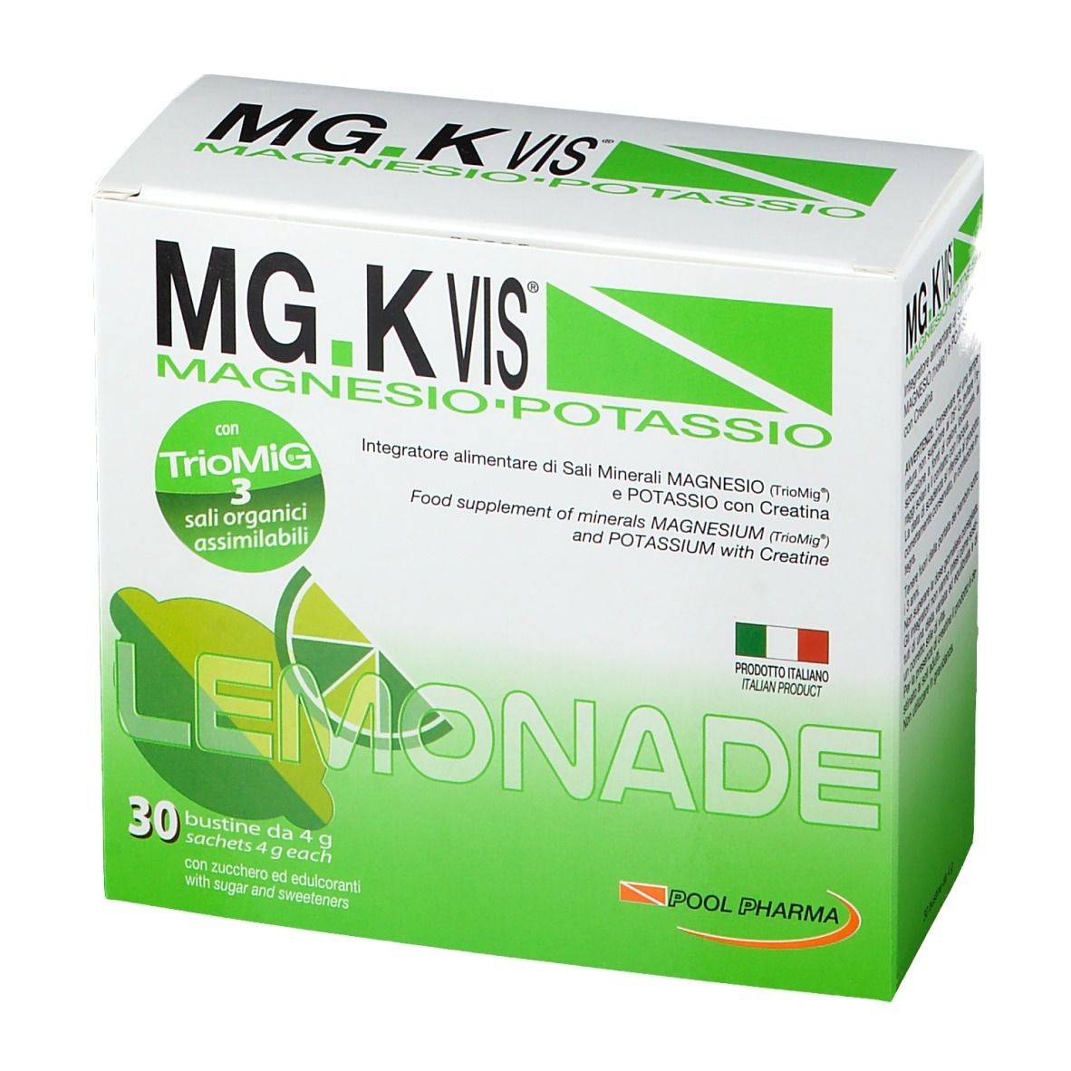 Vista frontale della confezione MG.K VIS® Limonade. 30 bustine. Design verde e bianco. Illustrazione di limone.