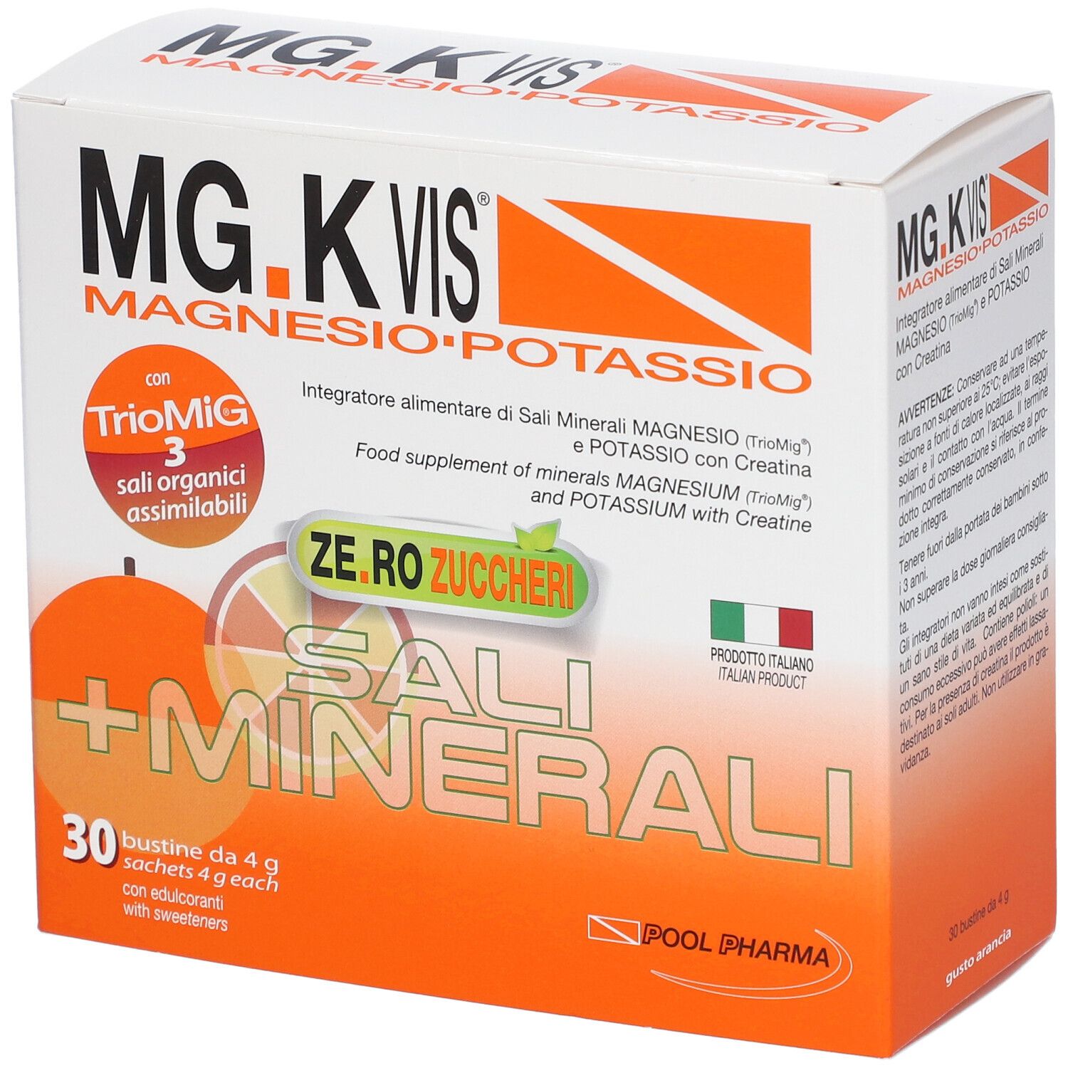 Scatola bianca e arancione MG.K VIS, magnesio, potassio e sali minerali. 30 bustine da 4 g.