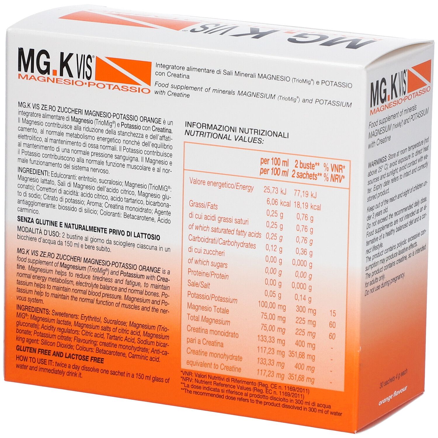 Scatola MG.K VIS, magnesio, potassio e sali minerali. Retro con valori nutrizionali e ingredienti.