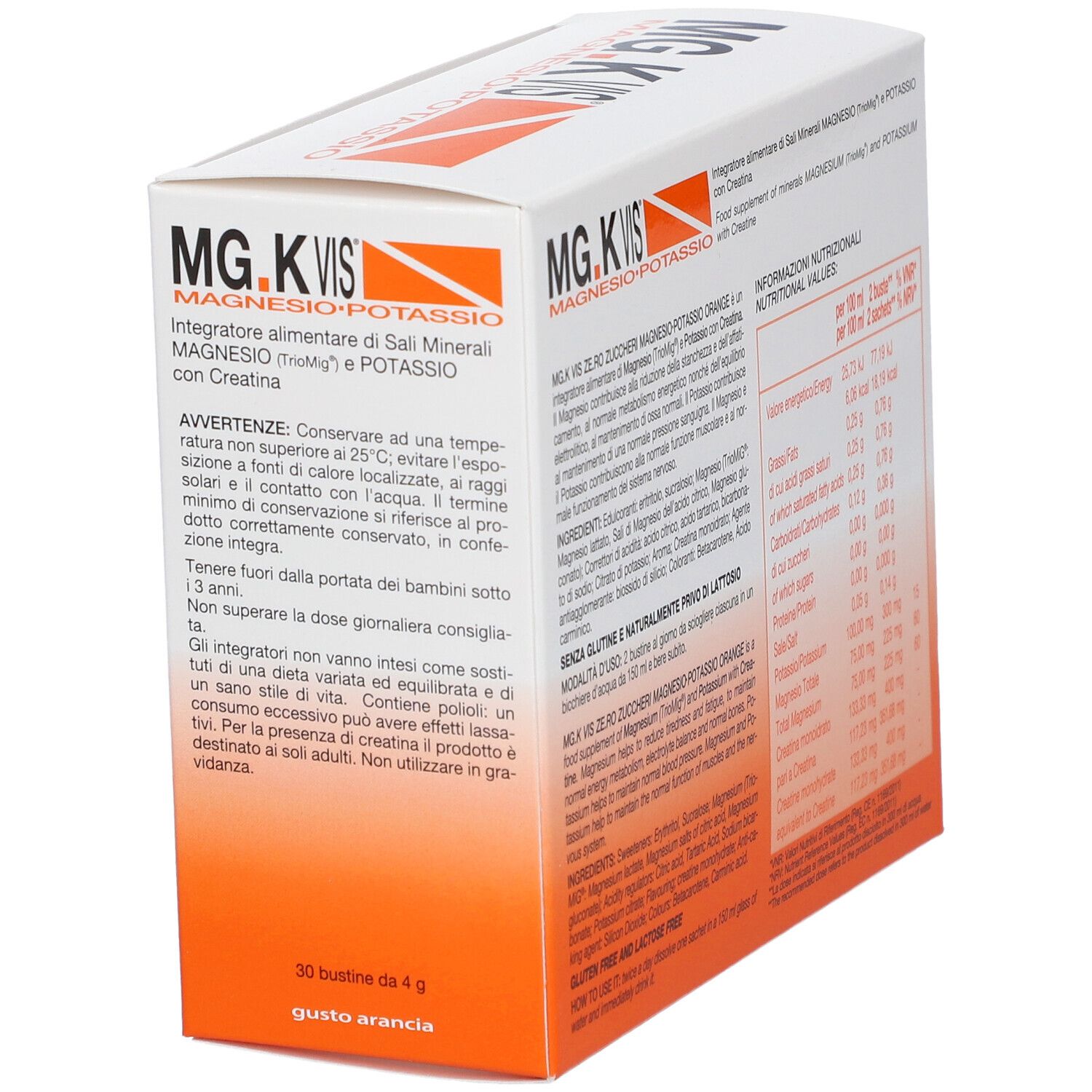 Scatola MG.K VIS, magnesio, potassio e sali minerali. Retro con avvertenze e ingredienti.