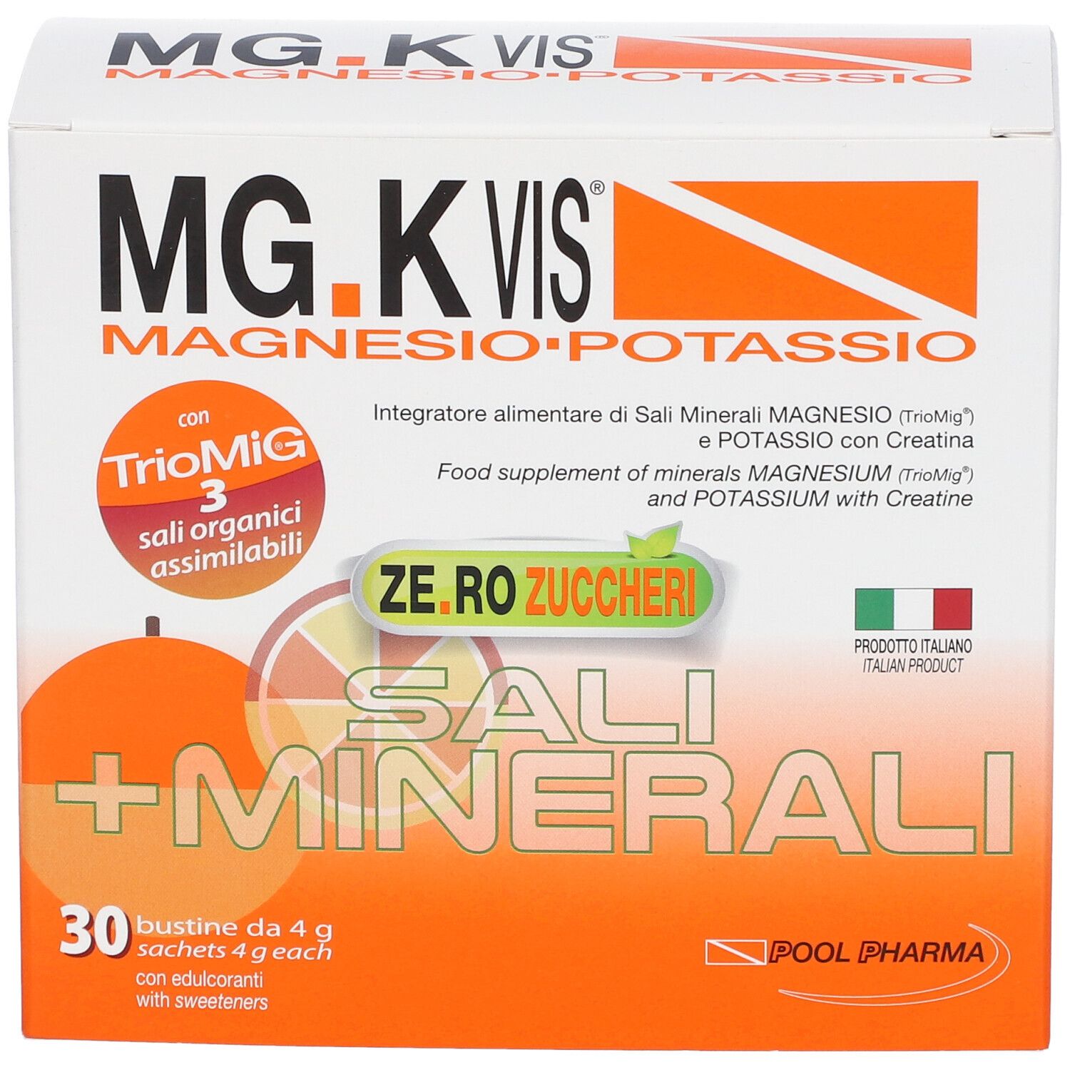 Scatola bianca e arancione MG.K VIS, magnesio, potassio e sali minerali. 30 bustine da 4 g.