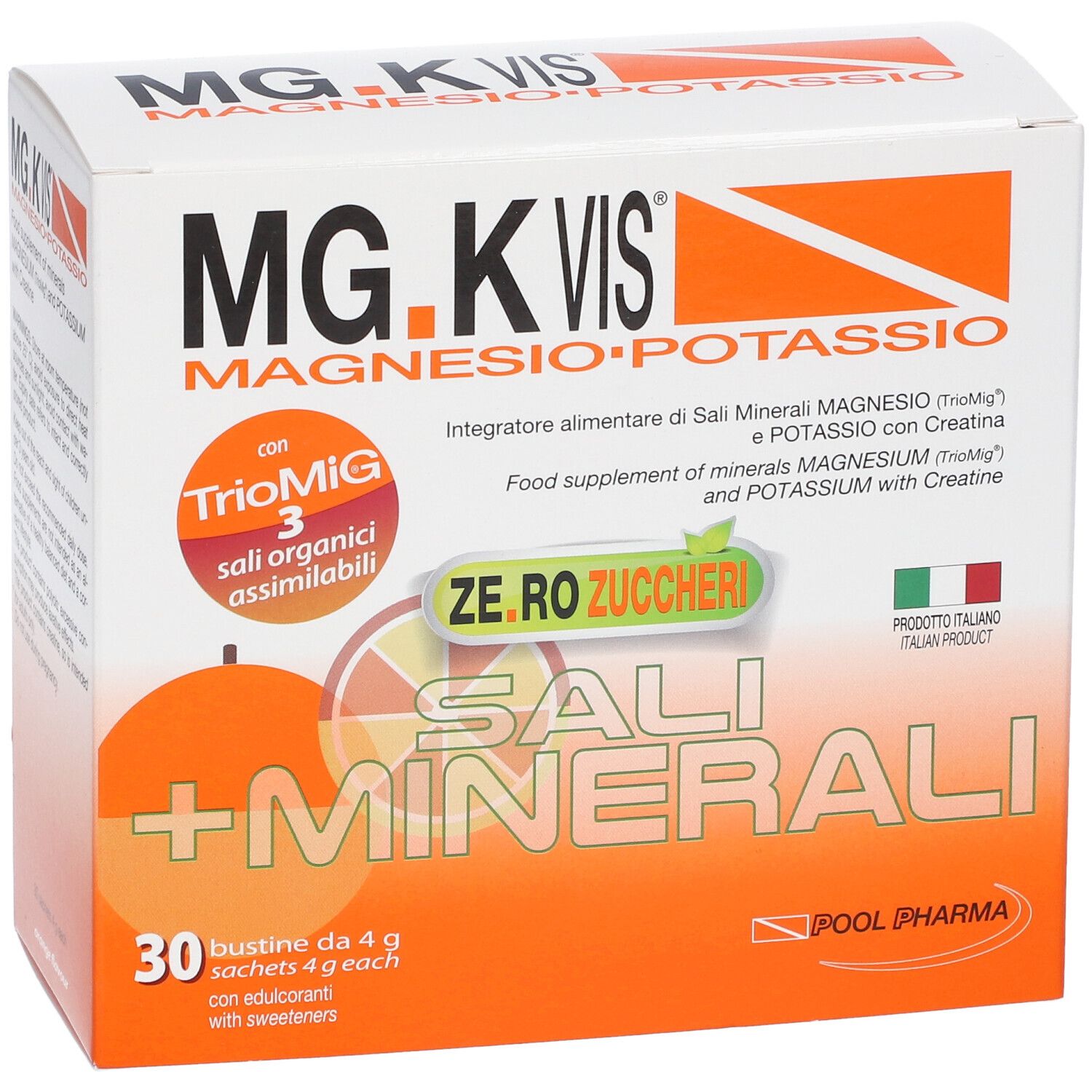 Scatola bianca e arancione MG.K VIS, magnesio, potassio e sali minerali. 30 bustine da 4 g.
