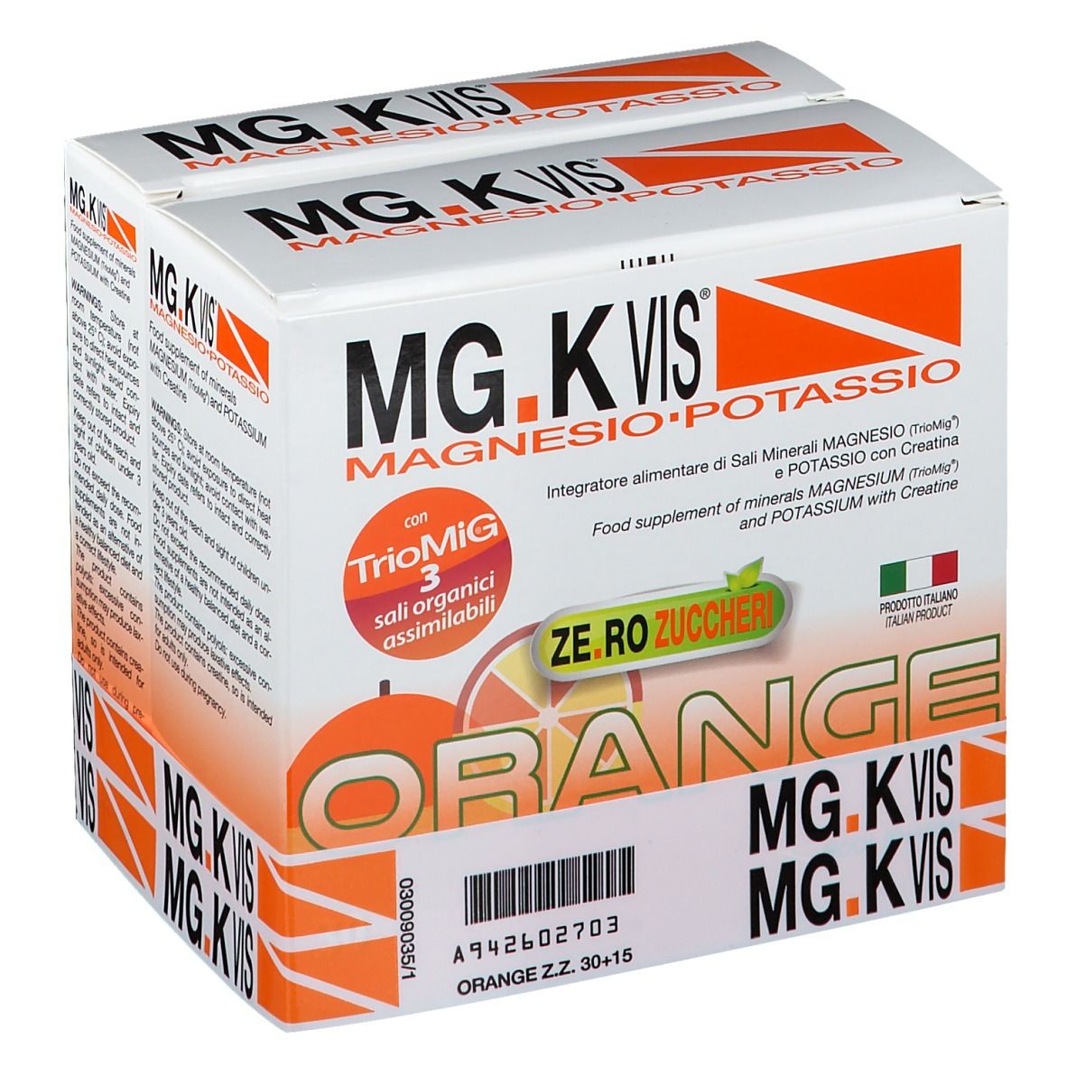 Scatola con scritta MG.K VIS, Orange, Zero Zuccheri. Contiene 30+15 bustine. Prodotto italiano.