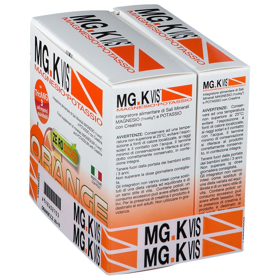 Scatola con scritta MG.K VIS, Orange, Zero Zuccheri. Contiene 30+15 bustine. Prodotto italiano.