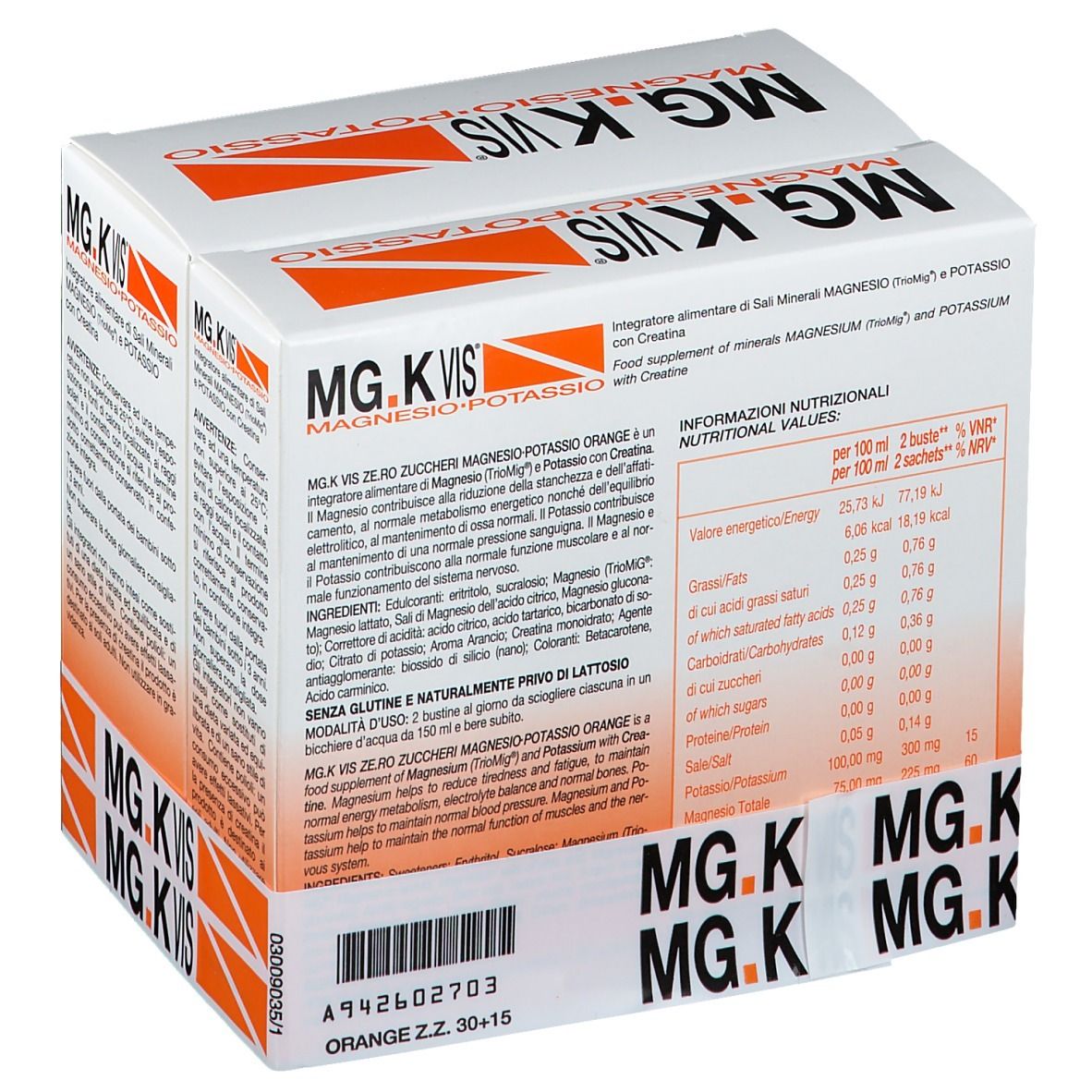 Scatola con scritta MG.K VIS, Orange, Zero Zuccheri. Contiene 30+15 bustine. Prodotto italiano.