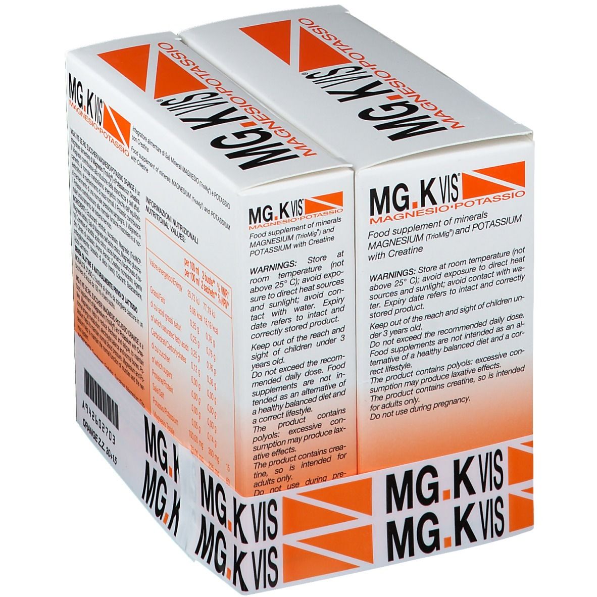 Scatola con scritta MG.K VIS, Orange, Zero Zuccheri. Contiene 30+15 bustine. Prodotto italiano.