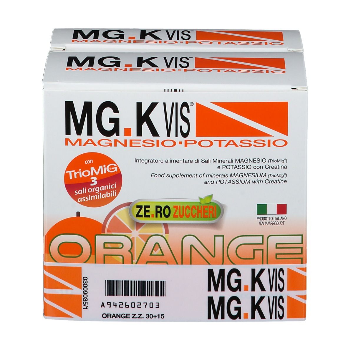 Scatola con scritta MG.K VIS, Orange, Zero Zuccheri. Contiene 30+15 bustine. Prodotto italiano.
