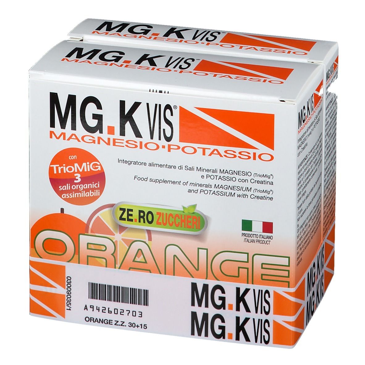 Scatola con scritta MG.K VIS, Orange, Zero Zuccheri. Contiene 30+15 bustine. Prodotto italiano.