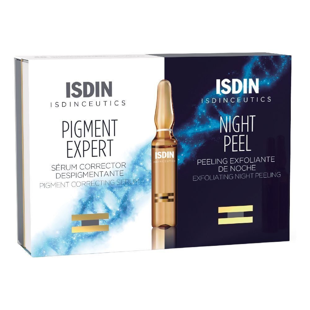 Confezione con due prodotti: "PIGMENT EXPERT" e "NIGHT PEEL". Un'ampolla è visibile.