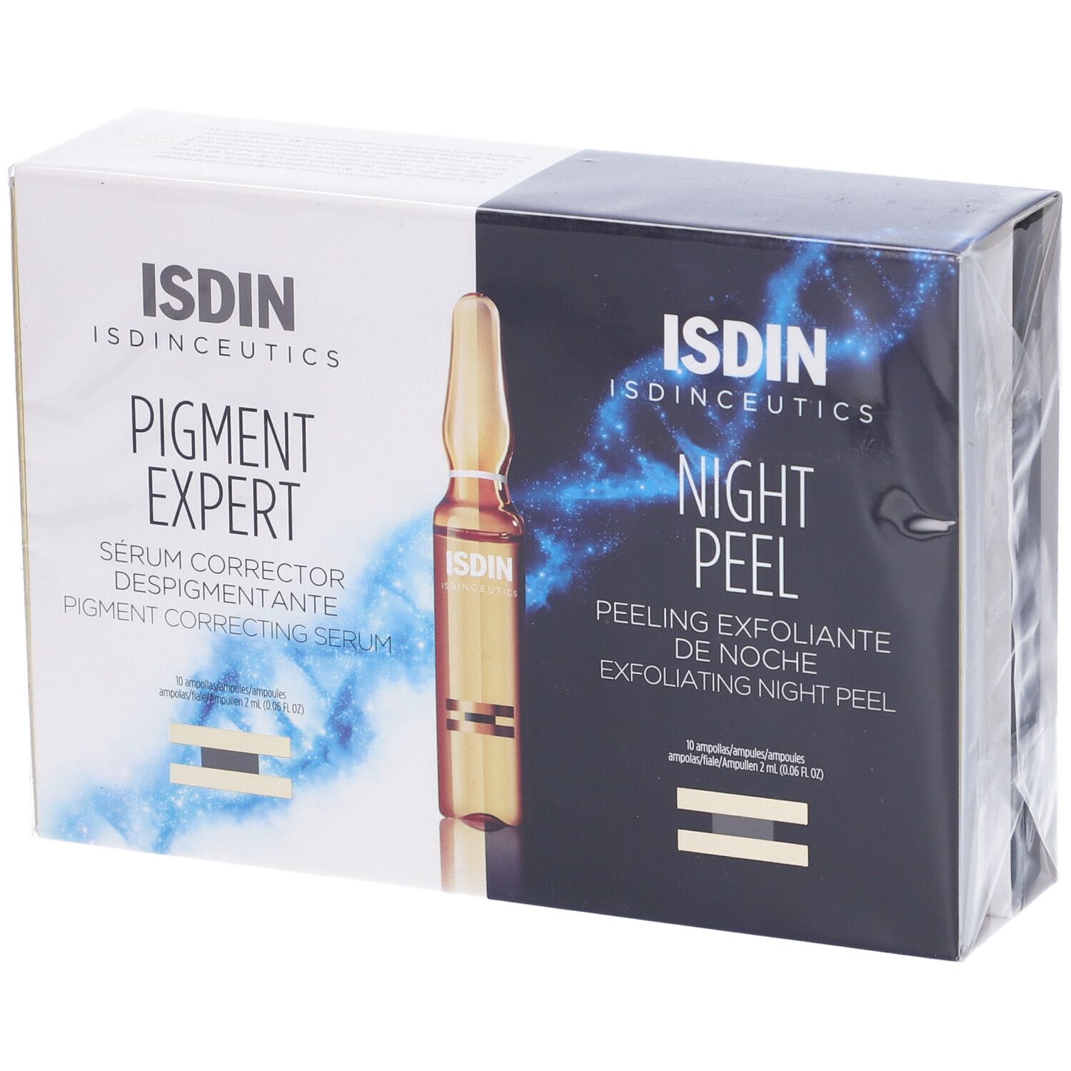 Confezione con due prodotti, confezionata. "PIGMENT EXPERT" e "NIGHT PEEL". Un'ampolla è visibile.