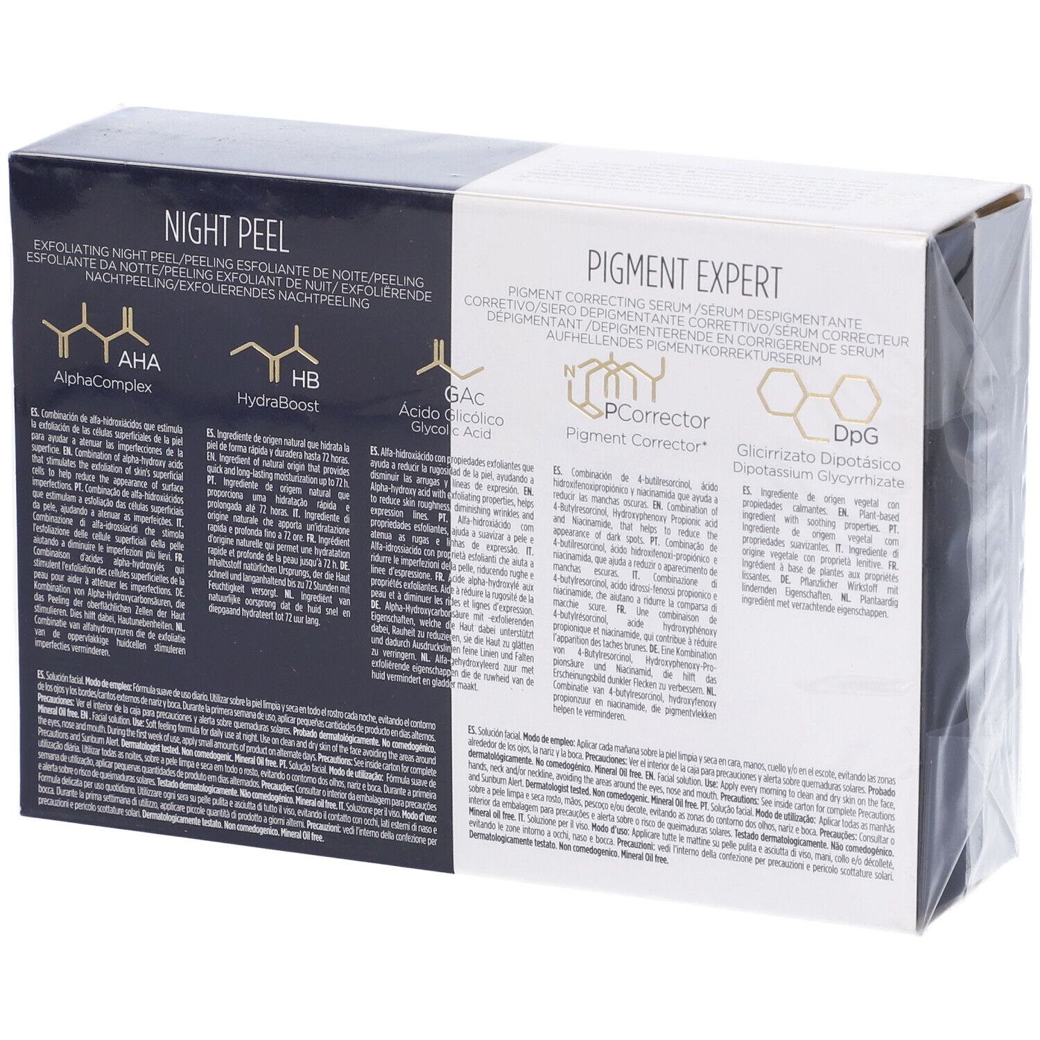 Retro della confezione con due prodotti. "NIGHT PEEL" e "PIGMENT EXPERT". Testo e formule chimiche.