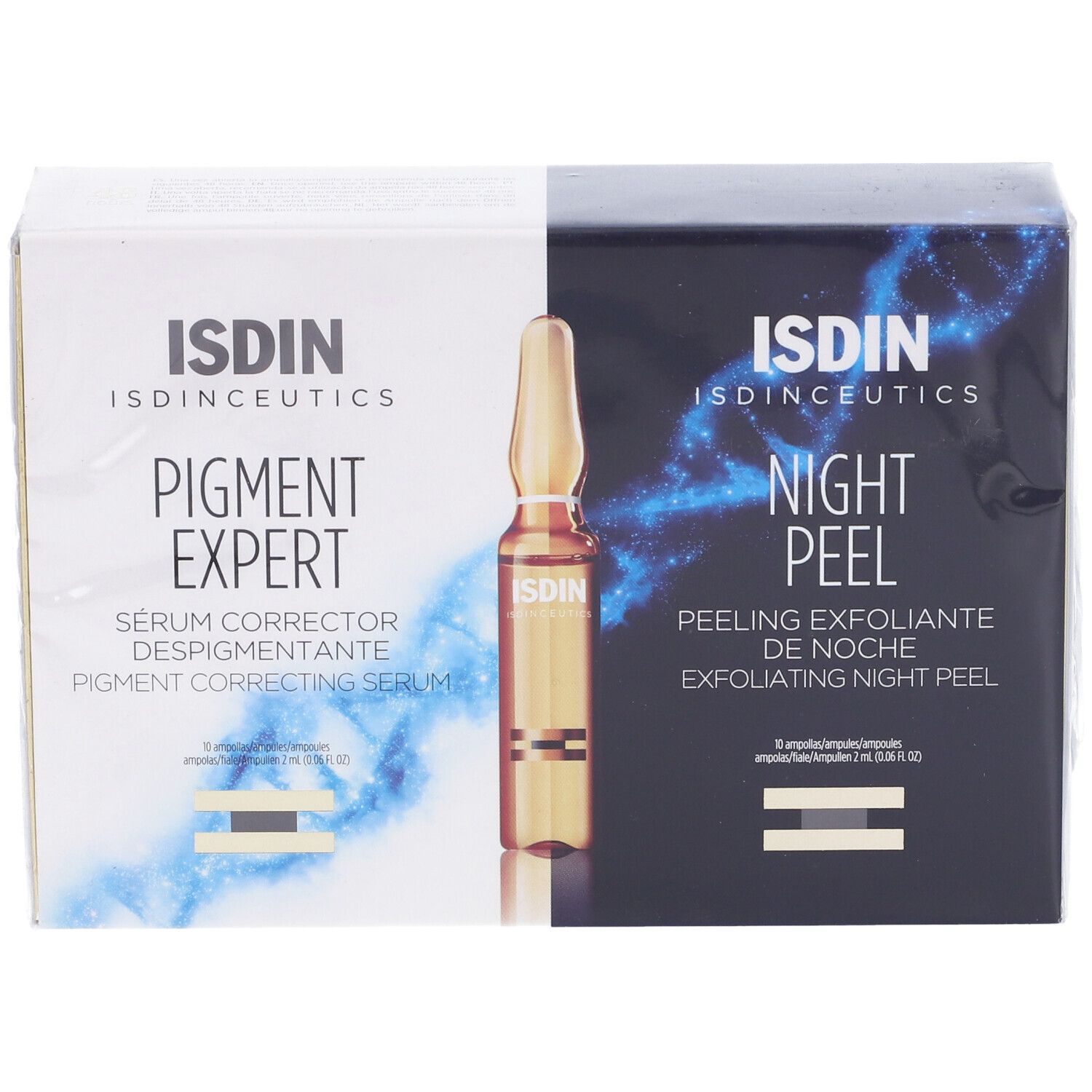 Confezione con due prodotti: "PIGMENT EXPERT" e "NIGHT PEEL". Un'ampolla è visibile.